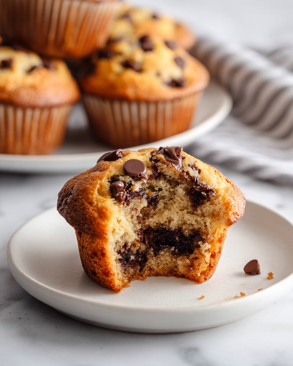A close-up of several soft, golden-brown chocolate chip muffins closely packed on a white plate resting on a striped cloth. The muffins have a slightly rough, sponge-like texture, and each top is generously dotted with small, dark chocolate chips that stand out in contrast to the light brown batter. The edges of the muffins show the ridges from the paper liners underneath, adding a slight vertical texture to the bottom. The scene is lit softly, showing the muffins' warm tones against the white marbled surface background. photo taken with an iphone --ar 4:5 --v 7