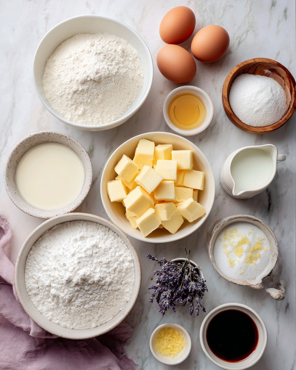 The image shows a top-down view of baking ingredients arranged neatly on a white marbled surface. There is a white bowl filled with chopped butter cubes near the center, surrounded by a white bowl with granulated sugar, a white bowl with flour, a bowl of milk, and a small wooden dish with baking powder. To one side, there are two brown eggs and one white egg placed in a small white bowl. A tiny white cup holds dried lavender, and lemon juice with zest is next to it in a small white cup. A small white bowl contains powdered sugar, and a small clear container holds dark food coloring. A light purple cloth is partially visible underneath some of the bowls. The photo is taken with an iphone --ar 4:5 --v 7