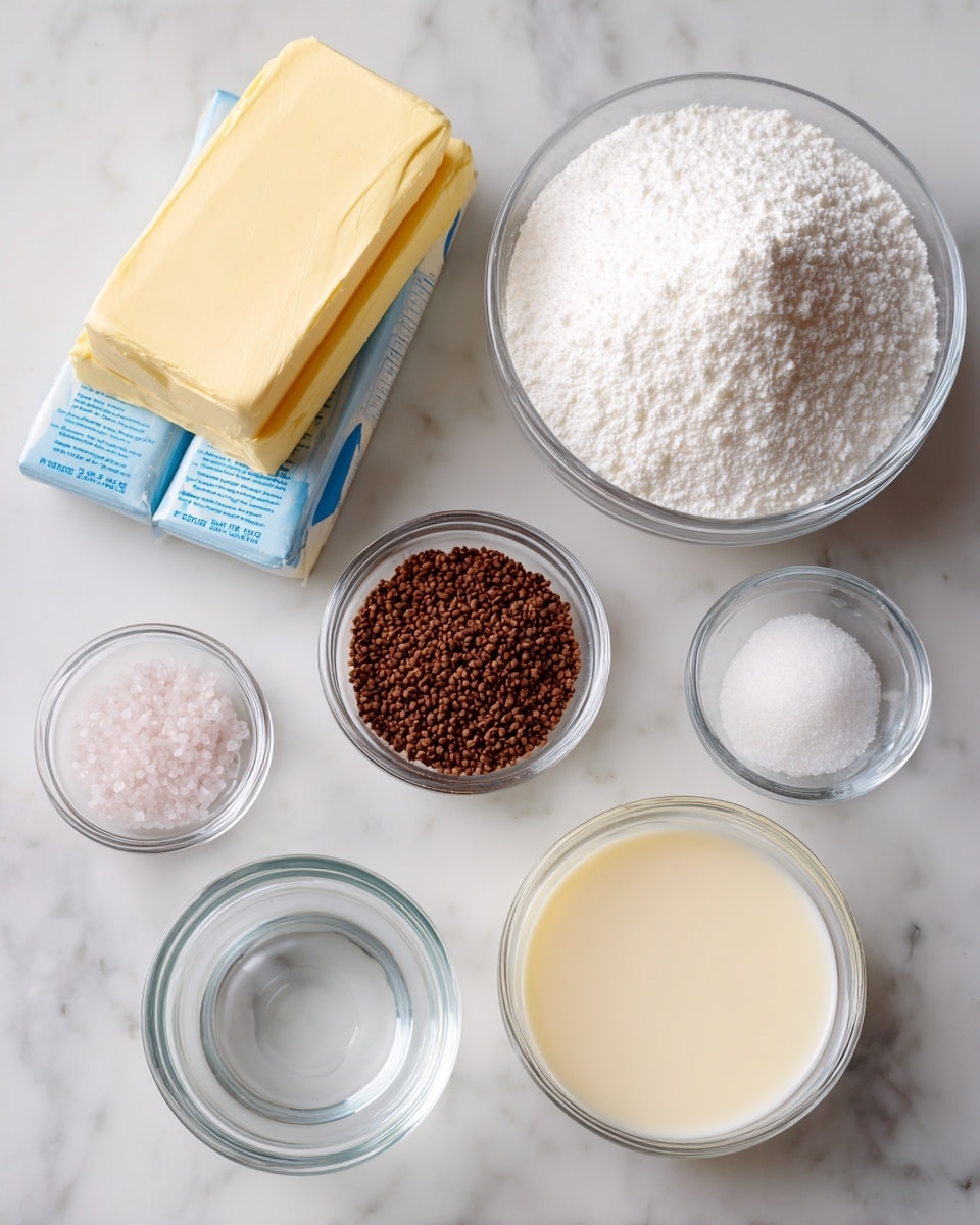 The image shows six small glass bowls and two sticks of butter arranged on a white marbled surface. The top right corner has a large clear bowl filled with white powdered sugar with a detailed, powdery texture. Below it to the right is a small glass bowl filled with light cream or milk, smooth and pale in color. To the left of the powdered sugar are two sticks of pale yellow butter, stacked one above the other with clear packaging and blue text. Above the butter is a small glass bowl containing a small pile of brown instant coffee granules, finely ground. Above this is a smaller glass bowl with a small amount of white salt crystals, and directly below the coffee is another small bowl with clear hot water. Each ingredient is labeled with large black text on pink rectangles placed near the bowls. The overall setting is clean and bright. photo taken with an iphone --ar 4:5 --v 7