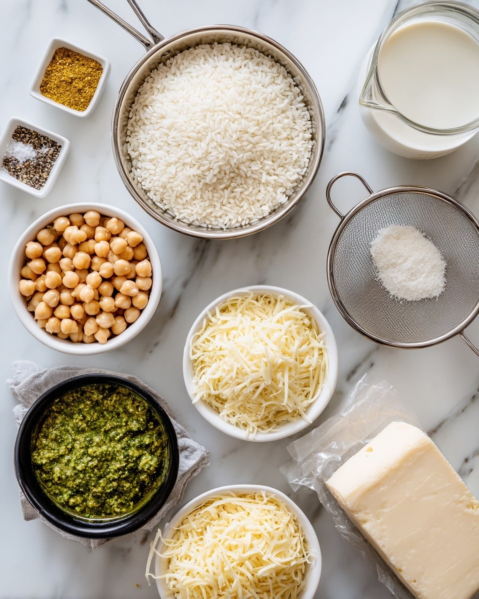 The image shows a set of ingredients neatly arranged on a white marbled surface. In the top center, there is a metal sieve filled with medium grain white rice, its texture grainy and slightly translucent. To the right of the sieve, two small white bowls hold seasoning powders—one with green parsley and yellow lemon pepper seasoning, the other with white garlic and onion powder alongside black salt and pepper. Below the sieve, a fine metal strainer contains round, light brown chickpeas with a smooth texture. Next to it, a white bowl is filled with green pesto sauce that has a thick, slightly chunky texture. To the lower right, a white bowl holds grated mozzarella cheese, light yellow in color with thin shreds. At the bottom left, a small black container holds chopped baby bella mushrooms, dark brown with a rough texture. Nearby, a wrapped block of light cream cheese is placed next to an almost empty measuring cup with clear vegetable broth (water and bouillon). The overall look is clean and organized with distinct textures and colors for each ingredient, all arranged on the white marbled surface photo taken with an iphone --ar 4:5 --v 7