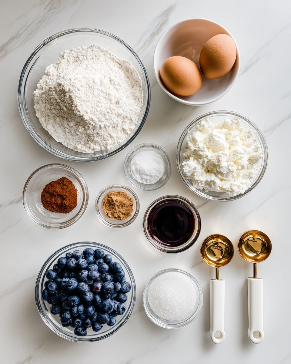 The image shows several baking ingredients arranged neatly on a white marbled surface. Starting from the top left, there is a clear glass bowl filled with white flour. Next to it, on the right, a white bowl holds two brown eggs. To the right is a smaller clear glass bowl containing a white powder, possibly sugar or salt. Below the flour, another clear glass bowl has a small amount of brown powder, likely cinnamon. Next to it, towards the center, is a clear bowl with a dark liquid, possibly vanilla extract. Below these, a small clear bowl is filled with fresh blueberries. To the right of the blueberries, three measuring cups with white handles and golden scoops hold, from left to right, brown sugar, a brown granular substance, and white cottage cheese. Everything is well-lit, and the display is clean and simple, photo taken with an iphone --ar 4:5 --v 7