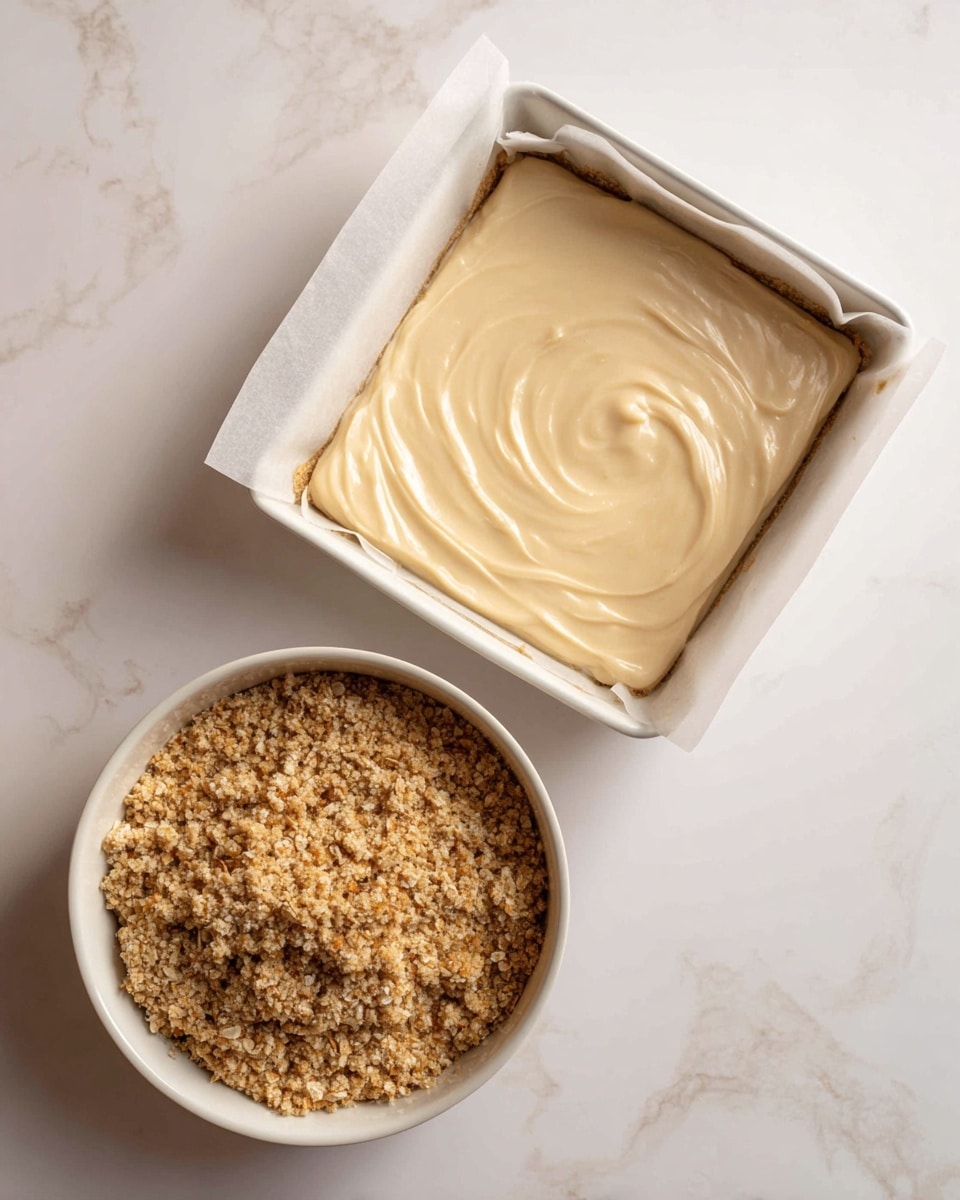 The image shows two containers on a white marbled surface. On the right, there is a white square baking dish lined with white parchment paper and filled with a smooth, creamy light beige batter that has a slightly glossy texture with some soft swirls. On the left, there is a white round bowl filled with a crumbly, rough-textured oat mixture in light brown and beige colors. The two containers are placed close to each other, creating a contrast between the smooth batter and the coarse oat topping. Photo taken with an iphone --ar 4:5 --v 7
