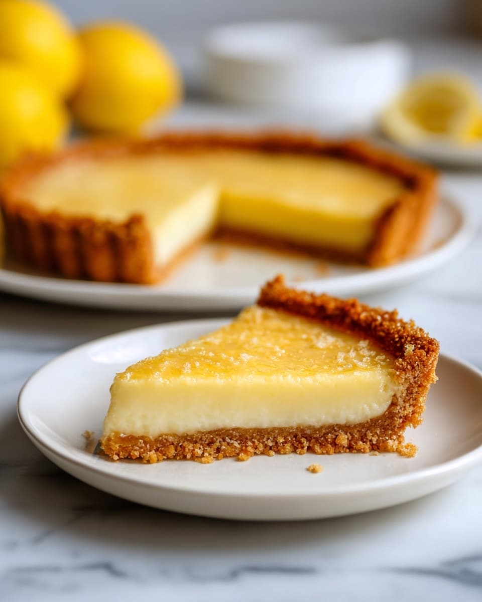 The image shows a slice of lemon tart on a white plate, set on a white marbled surface. The tart has three visible layers: a thick crumbly golden brown crust forming the base and sides, a smooth pale yellow filling in the middle that looks creamy, and a slightly lighter top layer with a soft matte finish. In the background, the rest of the tart is visible with one slice removed, showing the same layers and texture. Yellow lemons are slightly blurred in the background adding a fresh touch. Photo taken with an iphone --ar 4:5 --v 7