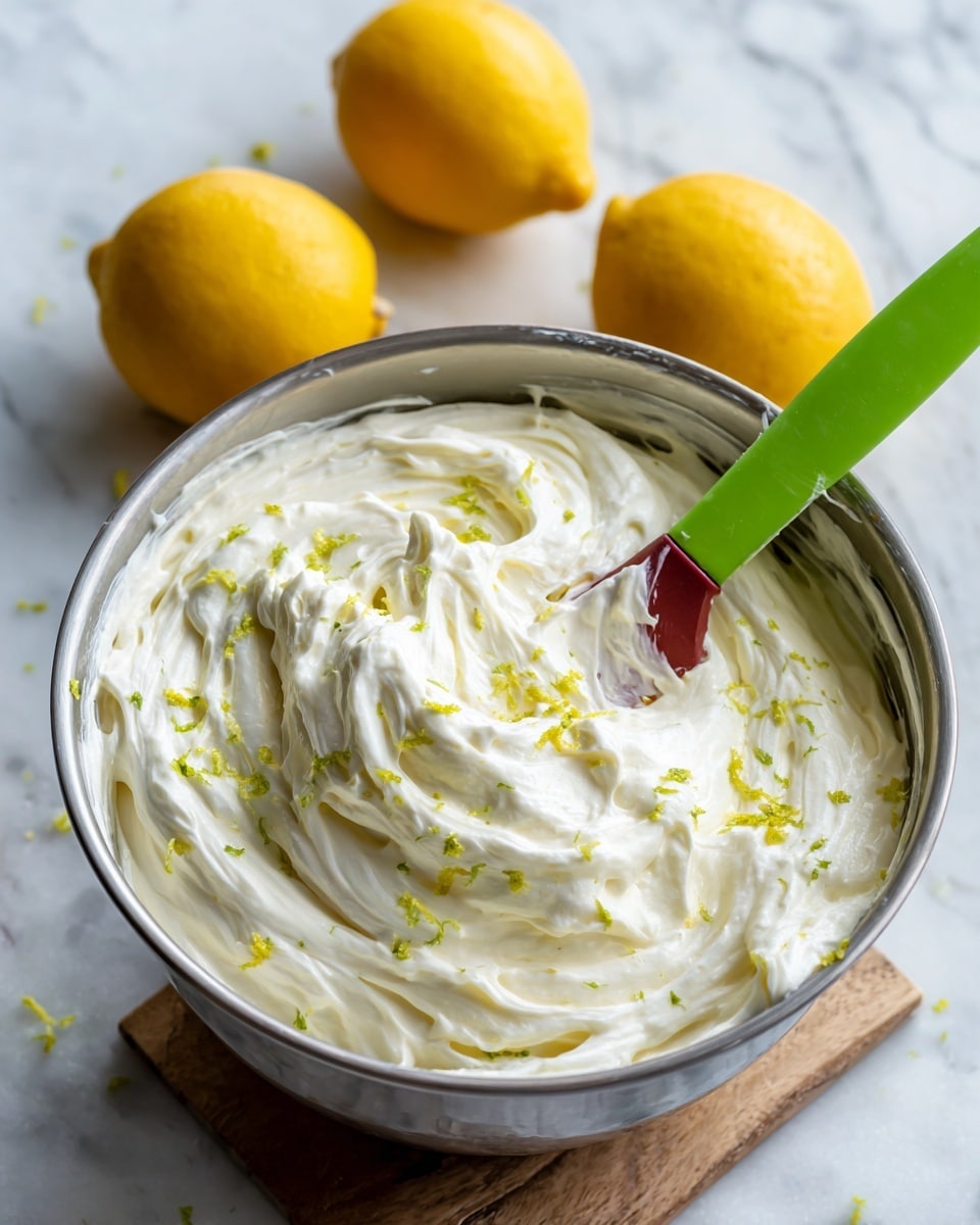 A close-up image of a metal mixing bowl filled with smooth, creamy white frosting mixed with tiny yellow lemon zest pieces spread evenly inside. A green spatula with a red handle is partially inside the bowl, resting on the right side with frosting on it. Three bright yellow whole lemons are placed on a wooden surface behind the bowl. The background is a white marbled texture photo taken with an iphone --ar 4:5 --v 7