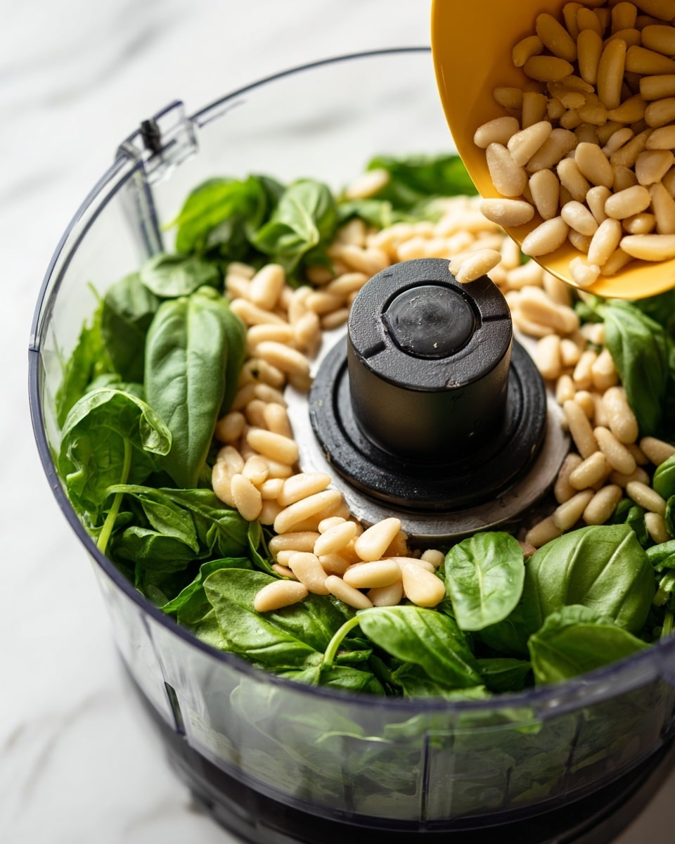 A clear food processor bowl is filled with bright green fresh basil leaves on the bottom layer, covering the base and rising slightly up the sides. On top of the basil, there is a generous layer of small pale yellow pine nuts being poured from a yellow measuring cup held by a woman's hand. The food processor blade holder is black and positioned in the center. The background features a white marbled texture. photo taken with an iphone --ar 4:5 --v 7