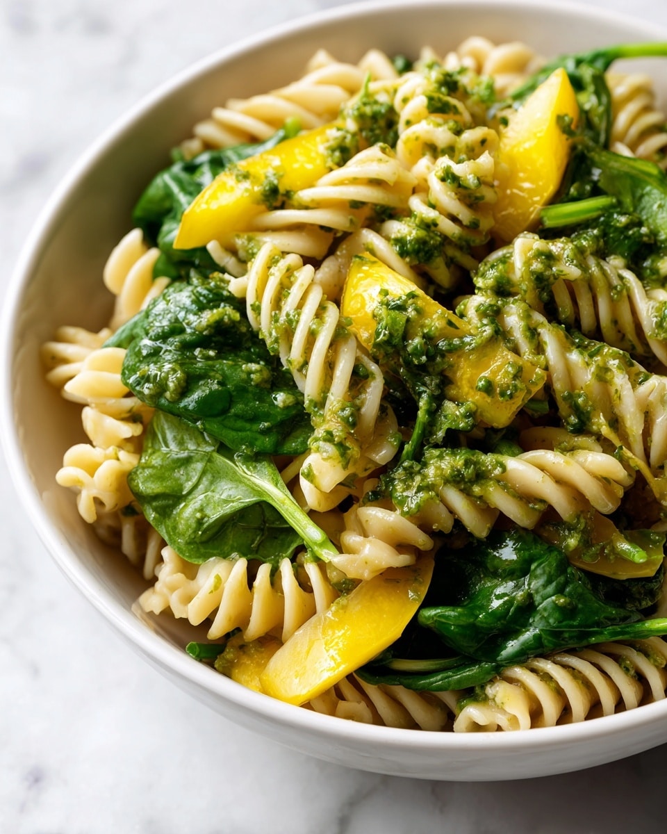 A close-up view of a white bowl filled with three layers of food: the bottom layer is light yellow rotini pasta with a smooth texture, the middle layer is bright green spinach leaves with a fresh, soft look, and the top layer is a green pesto sauce with small bits of herbs spread evenly all over the pasta and spinach. Mixed in the layers are slices of yellow squash, smooth and wedge-shaped, adding contrast to the green and pale pasta. The bowl sits on a white marbled surface. photo taken with an iphone --ar 4:5 --v 7