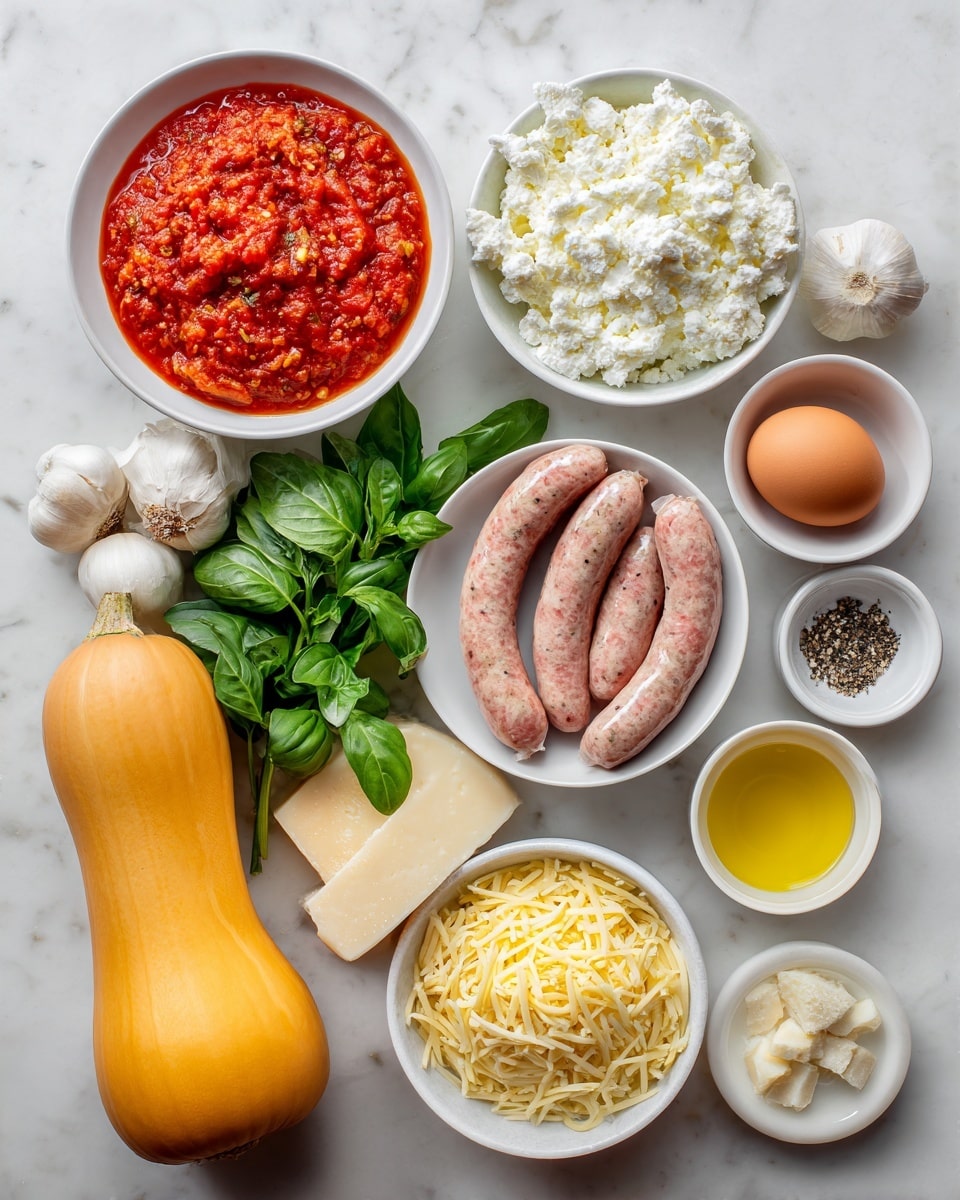 The image shows a top view of various ingredients neatly arranged on a white marbled surface. There are two white bowls, one filled with bright red crushed tomatoes showing a thick texture on the left, and another with soft, crumbly, white part-skim ricotta cheese on the right. In the center are three plump Italian chicken sausages with a mix of pink and white colors, placed in a white bowl. Fresh green basil and parsley leaves are placed around the sausages, adding vibrant green tones. Below the sausages is a bowl with light yellow shredded mozzarella cheese. Other ingredients include a light brown whole egg, three small garlic cloves, a small white bowl with golden olive oil, a chunk of pale yellow parmesan cheese, a quarter of a white onion slice, a long butternut squash with a smooth orange peel, and a small white dish with black and white salt and pepper mix. The ingredients are all spaced evenly, showing clear labels for each item. photo taken with an iphone --ar 4:5 --v 7