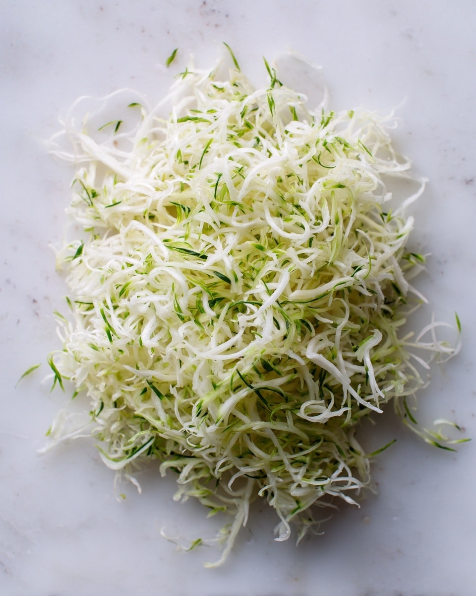 A small pile of finely shredded white and green vegetable strands, mainly white with thin green flecks mixed throughout, sits on a white marbled surface. The texture looks soft and slightly moist, with delicate curls and thin strands tangled together in an irregular mound, showing a fresh and light appearance. Photo taken with an iphone --ar 4:5 --v 7