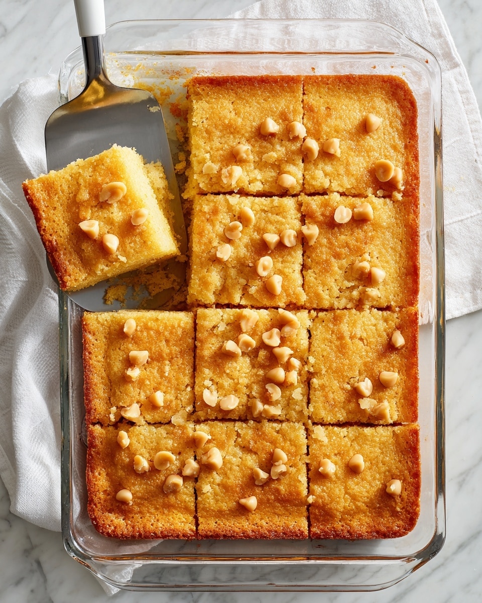 A rectangular glass baking dish holds a golden brown baked dessert, divided into nine square pieces. The top layer is crispy and dotted with small, light brown chips scattered evenly across the surface. One piece on the left side has been lifted slightly by a metal spatula with a white handle, revealing a moist, soft interior beneath the crunchy top. The dish is placed on a white marbled surface with a white cloth nearby, creating a clean and bright setting. photo taken with an iphone --ar 4:5 --v 7