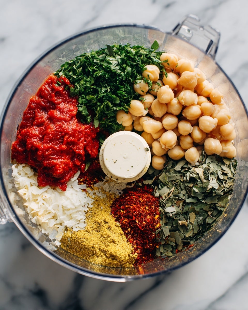 A clear food processor bowl sits on a white marbled surface filled with different ingredients all kept separate in layers. There is a pile of light beige chickpeas on the right side, next to them is a small mound of finely chopped fresh green herbs, below that is a heap of white salt, and under that some dried green leaves. Below the dried leaves is a pile of yellow flakes or powder, with red pepper flakes next to it. On the left side of the bowl, there is bright red tomato paste and above it a mound of minced garlic. The ingredients create a colorful and organized display inside the bowl. photo taken with an iphone --ar 4:5 --v 7