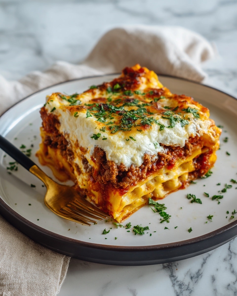A white casserole dish filled with baked rigatoni pasta layered with rich red tomato sauce mixed with ground meat at the bottom. On top is a layer of melted creamy cheese that covers the pasta unevenly, showing some pasta edges and sauce patches. The dish is garnished with chopped green herbs scattered in the center. A wooden spoon with worn handles is scooping out a portion from the bottom right corner. The dish sits on a white marbled surface next to a soft white cloth. Photo taken with an iphone --ar 4:5 --v 7