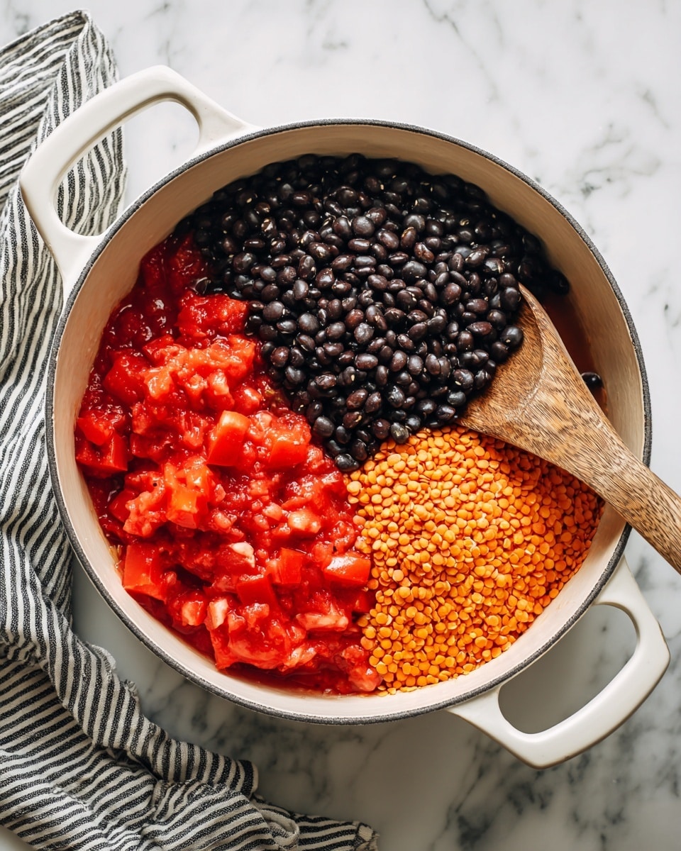 This image shows a white pot filled with three main ingredients before mixing: bright red chopped tomatoes in the top left, dark shiny black beans covering the middle and upper right, and dry orange lentils filling the bottom right. A wooden spoon with a pale handle rests on the right side of the pot, partially inside. The pot is placed on a white marbled surface with a black and white striped cloth beside it. Photo taken with an iphone --ar 4:5 --v 7