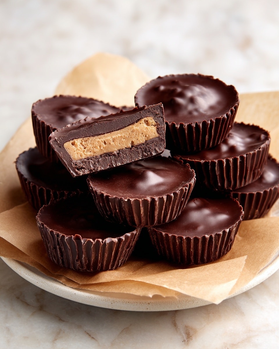 There are seven round dark brown chocolate treats with a bumpy texture on a piece of light brown parchment paper, placed on a white plate with a white marbled surface underneath. One chocolate piece is cut in half and placed on top of the others, showing three layers inside: a thick dark brown chocolate outer layer, a thin crispy middle layer, and a light brown creamy center. The chocolates have slightly scalloped edges and a shiny surface with some small bumps. Photo taken with an iphone --ar 4:5 --v 7