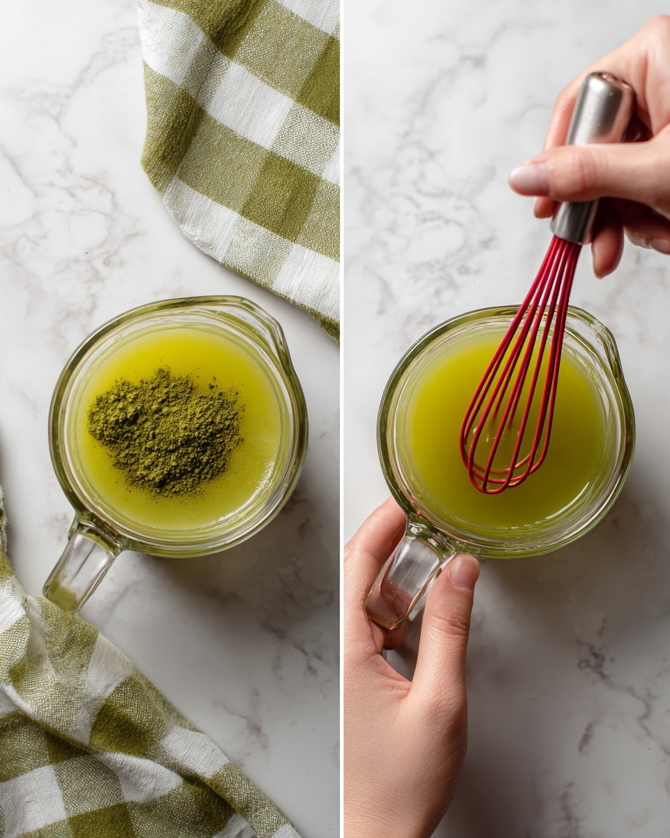 The image shows two photos side by side on a white marbled surface with a green and white checkered cloth in the corner. Each photo features a clear glass measuring cup filled with light yellow-green liquid. In the left photo, a small pile of dark green powder is sprinkled on top of the liquid, and a woman's hand is seen near the cup. In the right photo, a woman's hand holds a red whisk inside the measuring cup, stirring the same yellow-green mixture. The photos have a bright and clean look, with soft natural light highlighting the textures. Photo taken with an iphone --ar 4:5 --v 7