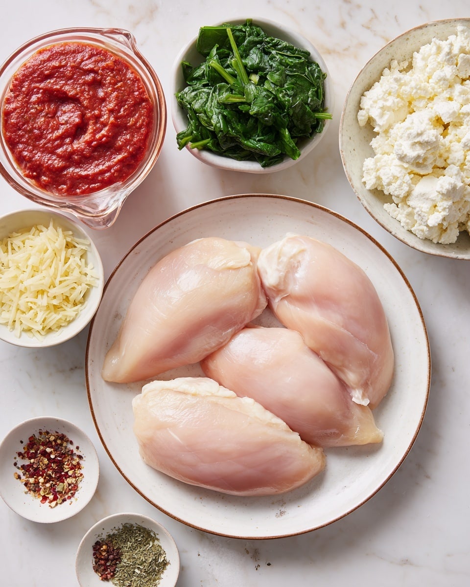 The image shows three smooth, pale pink pieces of raw chicken on a white plate with a thin brown rim, placed on a white marbled surface. Surrounding the plate are small white bowls containing finely chopped light yellow garlic, fresh bright green leafy spinach, a heap of soft white ricotta cheese, and a bowl of finely grated pale yellow cheese. There is also a clear glass measuring cup filled with thick, vibrant red tomato sauce, and a small white plate with several dried spices, including red pepper flakes, salt, black pepper, and herbs. Photo taken with an iphone --ar 4:5 --v 7