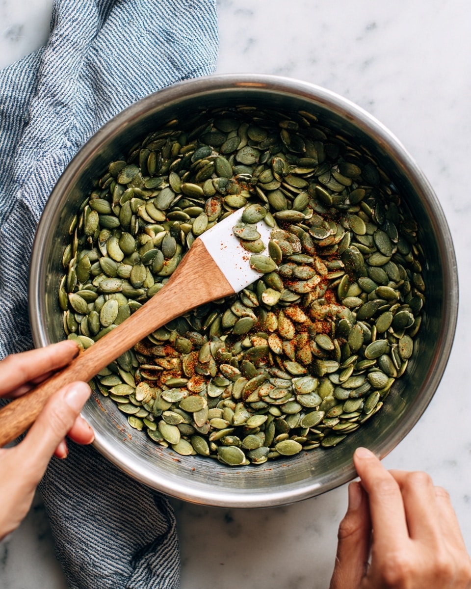 A round metal bowl holds a single layer of green pumpkin seeds scattered unevenly inside, with a light dusting of red seasoning spread across some seeds and the bowl's bottom. A woman's hand is holding a wooden spatula with a white silicone head, pressing gently against the seeds. The bowl is placed on a white marbled surface next to a folded blue and white striped cloth. photo taken with an iphone --ar 4:5 --v 7