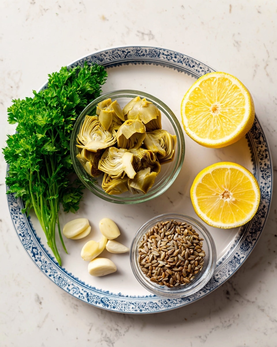 The image shows a white plate with a blue rim on a white marbled surface, holding several ingredients neatly arranged. In the center, there is a clear glass bowl filled with light yellow artichoke hearts. To the left of the bowl, there is a bunch of fresh green parsley with textured leaves. Below the bowl, three peeled garlic cloves are placed in a small group. To the right side of the bowl, a clear glass container holds a pile of light brown sunflower seeds. Above the seeds, two bright yellow lemon halves are positioned, showing the juicy interior. The ingredients are spaced out clearly on the plate, making each one visible and distinct. photo taken with an iphone --ar 4:5 --v 7