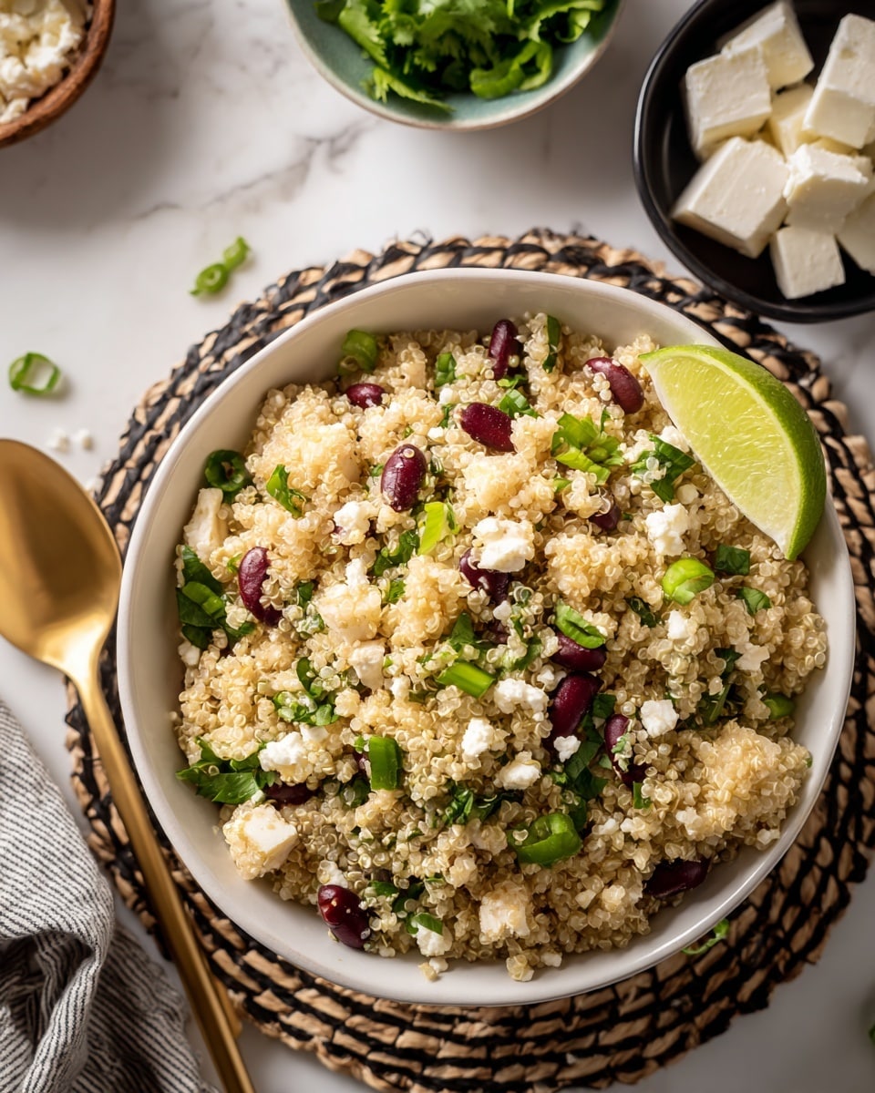 A close-up view of a white bowl filled with a salad made of small beige quinoa grains mixed with dark brown beans, bright green chopped herbs, and sliced green onions. A spoon is scooping up a portion, showing the mix of grains and beans with fresh greens. In the foreground, there is a cut lime piece with bright green skin and light yellow inside. The bowl is placed on a textured surface and the background has a white marbled texture. photo taken with an iphone --ar 4:5 --v 7