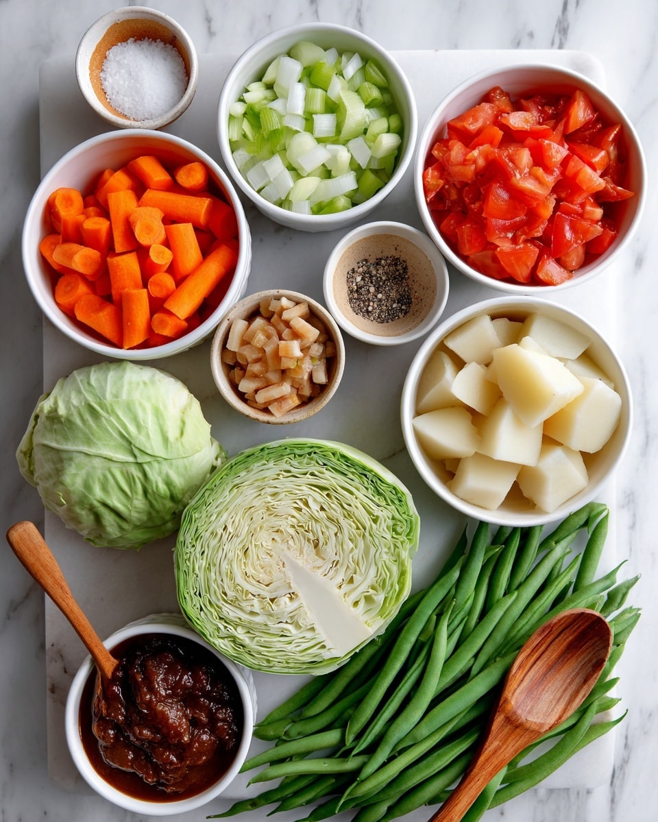 A flat lay image of various fresh vegetable ingredients arranged on a white marbled surface. There are six white bowls containing sliced bright orange carrots, red chopped tomatoes in liquid, pale green chopped celery, diced white onions, light brown chopped potatoes, and mixed Italian seasoning in earth-toned small bowls. In the center is a whole green cabbage, with one half cut to reveal tight light green and white leaves inside. Below, there is a pile of fresh green beans laid out neatly. A wooden spoon holds a dark brown vegetable paste, lying next to the bowls and vegetables, with a small white bowl of salt and black pepper nearby. The whole composition shows fresh and raw ingredients with clear, distinct colors and textures. Photo taken with an iphone --ar 4:5 --v 7