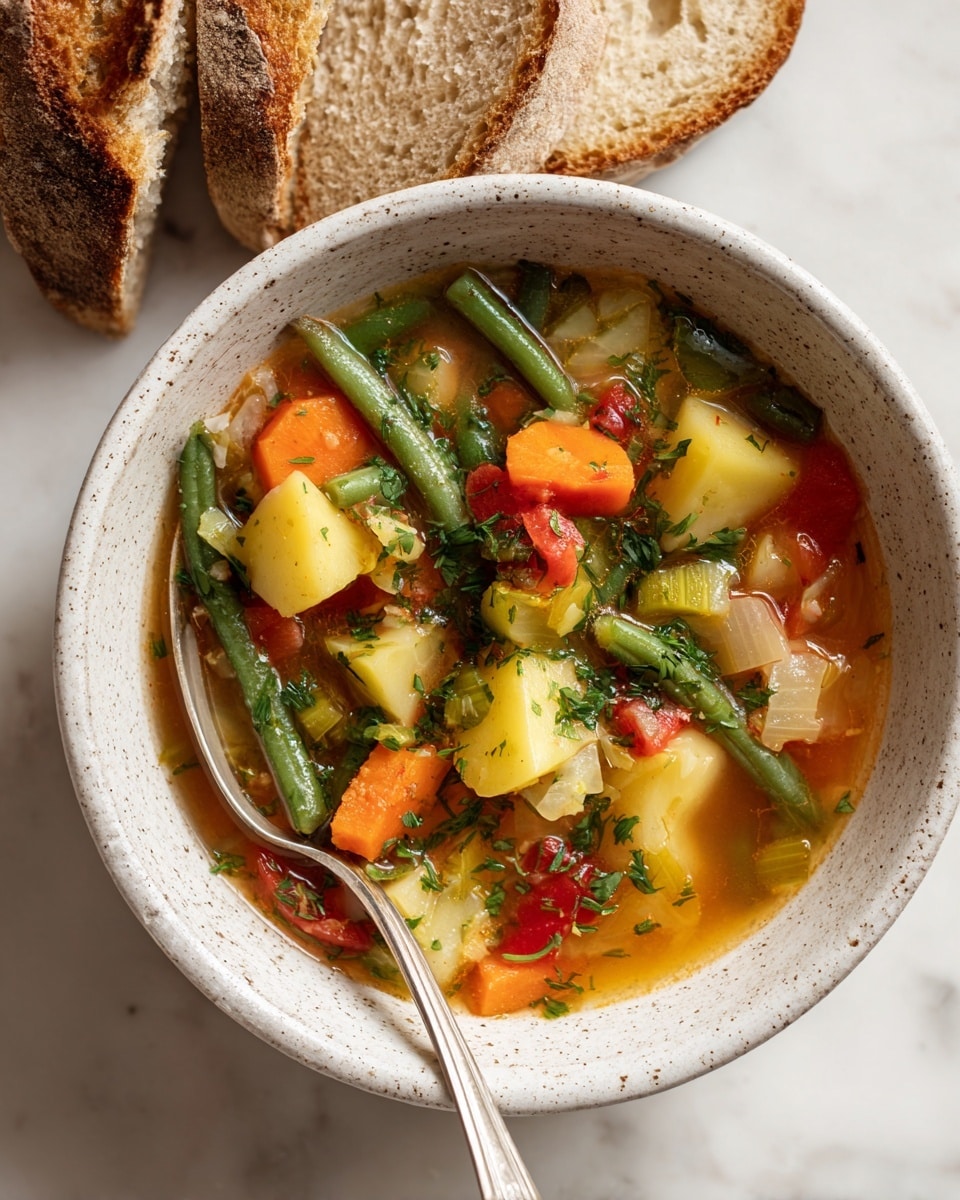 A white speckled bowl filled with vegetable soup shows three clear layers: the top layer has green beans, orange carrot slices, and chopped parsley, the middle layer has light yellow potato chunks, diced red tomatoes, and soft cabbage pieces, all floating in a clear light brown broth that forms the bottom thin layer. A silver spoon rests inside the bowl, partially submerged, and next to the bowl several slices of crusty brown bread lay on a white marbled surface. Photo taken with an iphone --ar 4:5 --v 7