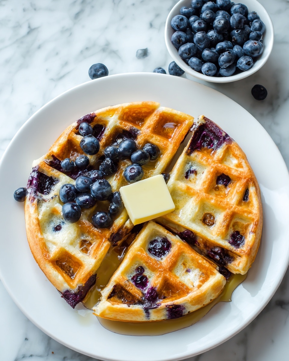 A white plate holds one round waffle divided into four large pieces. The waffle is golden brown with visible blueberries inside, making dark purple spots. On top of the waffle, there is a small square of melting butter in pale yellow. Fresh blueberries, dark blue and plump, are scattered on top of the waffle in the left half. Golden syrup fills the waffle pockets and pools slightly around the butter. Behind the plate, a small white bowl filled with more blueberries is placed. The whole scene is set on a white marbled surface. Photo taken with an iphone --ar 4:5 --v 7