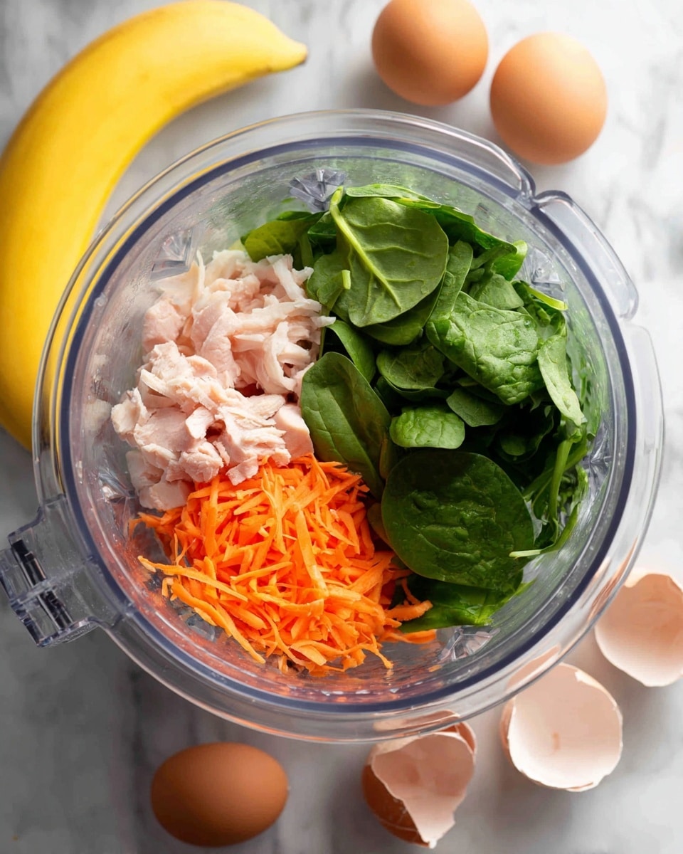 Inside a clear blender container, there are three visible layers of ingredients: at the bottom, there are small pieces of light pink meat, above it a layer of bright orange shredded carrot, and on top, fresh green spinach leaves with a smooth texture. Around the blender, there are brown eggshells broken in half and a yellow banana placed on a white marbled surface. The photo shows a close view from above, focusing on the fresh ingredients inside the blender. Photo taken with an iphone --ar 4:5 --v 7