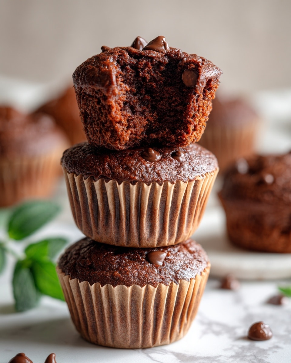 The image shows a group of dark brown chocolate muffins topped with small chocolate chips, each muffin sitting in a light beige paper cup wrapper. One muffin is being pulled apart by a woman's hand, revealing its soft inside. The muffins are placed on a white marbled surface, with one muffin on a black wire cooling rack and some fresh green spinach leaves arranged nearby. The scene is bright and natural, highlighting the rich texture and moist look of the muffins photo taken with an iphone --ar 4:5 --v 7