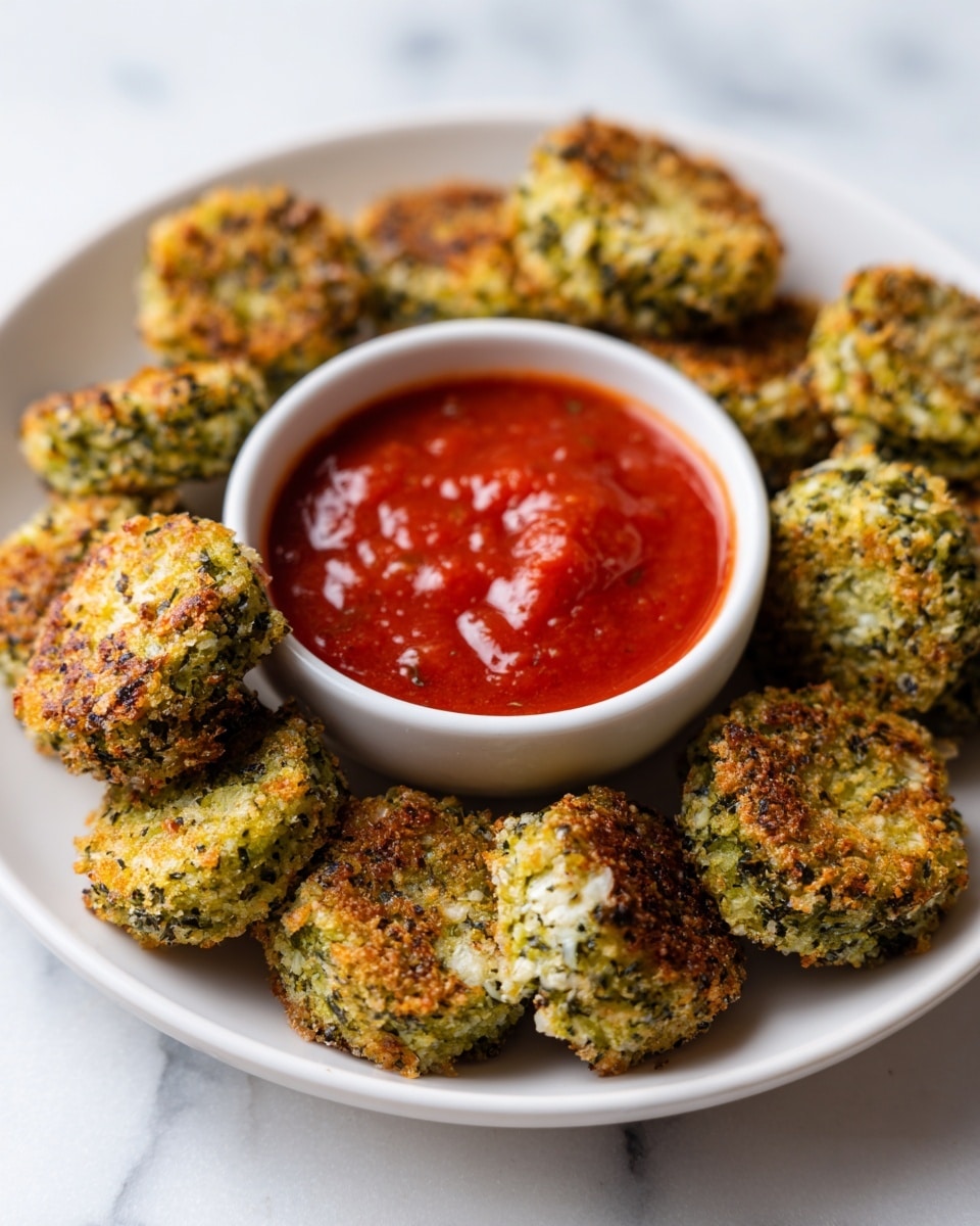 A white plate sits on a white marbled surface filled with about a dozen small, round green bites that have a textured, crispy outside showing bits of herbs and cheese, arranged around a small white bowl of smooth red sauce. One of the green bites is dipped halfway into the sauce, showing contrast between the crispy, herb-speckled green and the thick, bright red sauce inside the bowl. The green bites have a rough surface with some browned spots, showing they are cooked. The colors of green, red, and white are clear and inviting. photo taken with an iphone --ar 4:5 --v 7