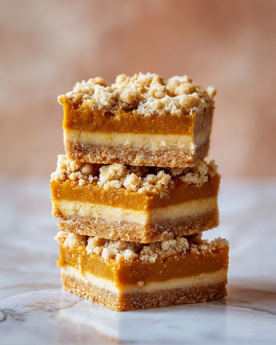 The image shows a stack of three square dessert bars with three distinct layers. The bottom layer is a light beige crust made with oats, firm and slightly crumbly in texture. The middle layer is a rich pumpkin-colored filling, smooth and dense. The top layer is a pale oat crumble with a rough texture, scattered unevenly but covering the whole top. The dessert bars are stacked vertically on a white marbled surface with a soft, blurred background giving a warm cozy feeling. Photo taken with an iphone --ar 4:5 --v 7