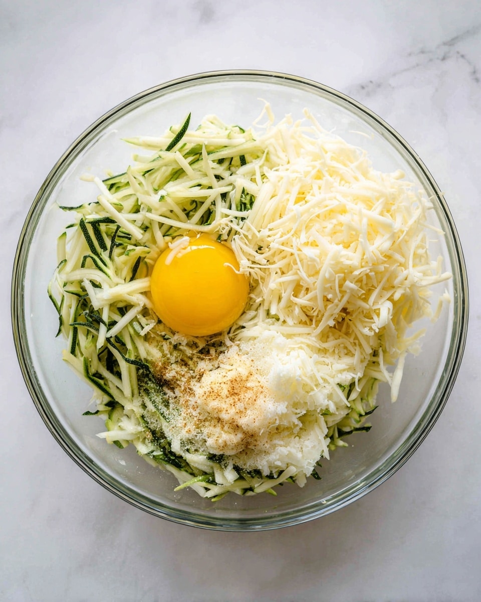 In a clear glass bowl on a white marbled surface, there is a mixture of shredded green zucchini spread across the bottom and sides. On top of the zucchini, there is a pile of white shredded cheese on the upper right side and a smaller pile of light yellow shredded cheese below it on the right side. On the left, near the front, there is a single cracked raw egg with its bright yellow yolk clearly visible, surrounded by a spark of light brown seasoning powder scattered over the zucchini and cheese. The textures show the moistness of the zucchini, the softness of the egg, and the fine strands of shredded cheese in a simple, natural arrangement. Photo taken with an iphone --ar 4:5 --v 7