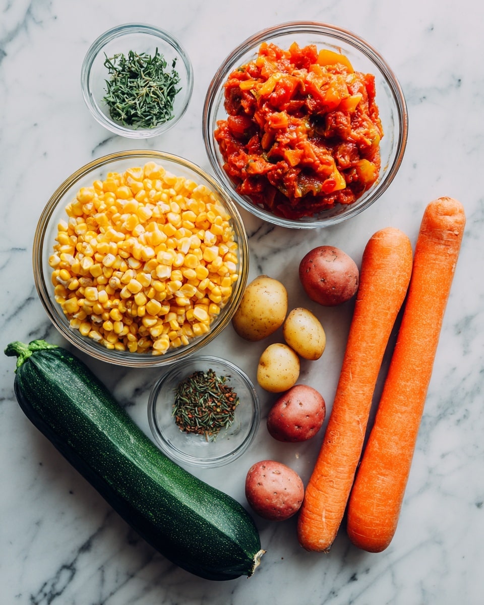 The image shows a collection of fresh ingredients arranged on a white marbled surface. There are two clear glass bowls, one filled with bright yellow corn kernels soaked in liquid, the other with a chunky red tomato mixture. In front of the bowls, there are two large orange carrots and one dark green zucchini placed side by side. Scattered near the vegetables are small red and yellow potatoes, mixed together. Close to the carrots, a small clear bowl contains green herbs and spices. The overall composition is brightly lit with natural light, giving a fresh and clean look. photo taken with an iphone --ar 4:5 --v 7