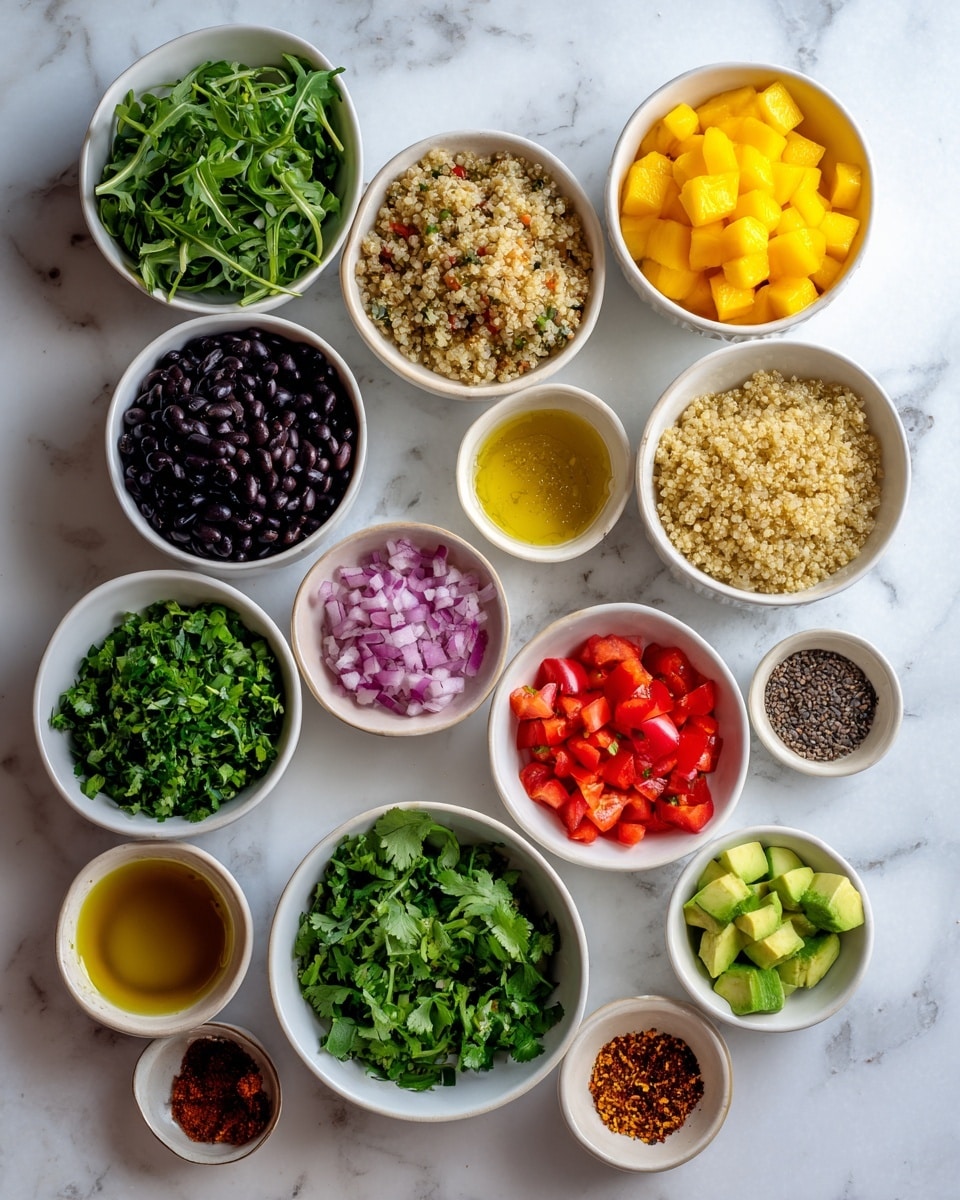 Several white small bowls and cups are arranged on a white marbled surface, each containing different chopped and prepared ingredients. From left to right and top to bottom, ingredients include dark black beans, green leafy arugula, light tan cooked quinoa, bright yellow diced mango, fresh green cilantro leaves, chopped red tomatoes, dark green chopped herbs, small minced garlic pieces, seasoned salt and pepper, lemon juice, chopped red bell peppers, diced green avocado, small light green pumpkin seeds, light brown mustard or paste, vinegary pink pickled onions, shiny olive oil, and various reddish-brown spices. The arrangement is neat and clear with vibrant natural colors. photo taken with an iphone --ar 4:5 --v 7