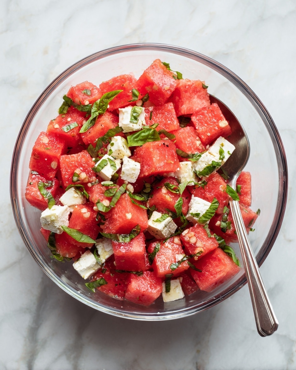 A clear glass bowl filled with a fresh watermelon salad. The salad has several layers of small, bright red watermelon cubes mixed with white cheese chunks and green basil leaves spread evenly throughout. On the top right edge, a shiny silver spoon rests inside the bowl against the colorful salad. The bowl is set on a white marbled surface. photo taken with an iphone --ar 4:5 --v 7