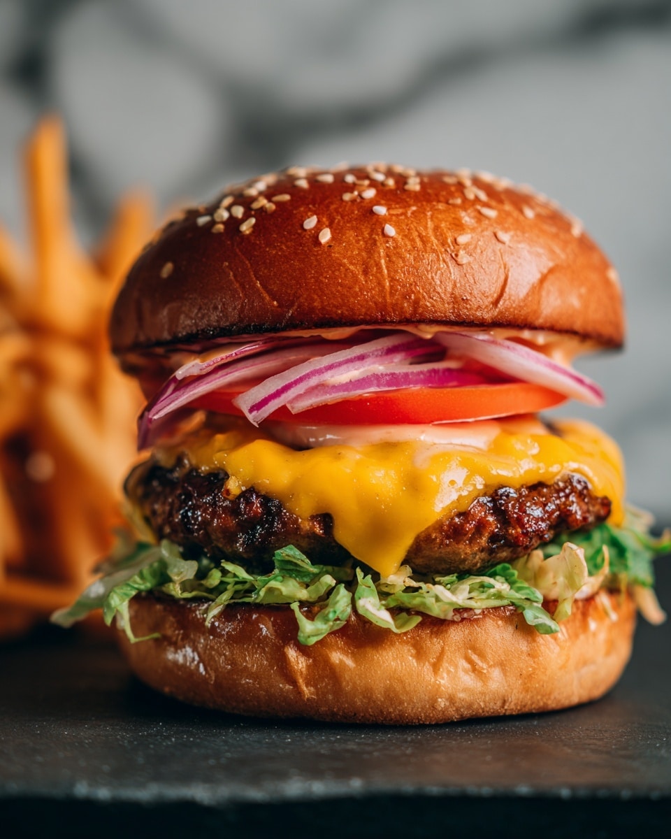 A close-up view of a sandwich with five visible layers stacked vertically: at the bottom, shredded green lettuce; above it a grilled patty covered in melted yellow cheese; then thin rings of raw red onion mixed with light pink sauce; a slice of red tomato resting next to the onions; all topped with a golden brown sesame seed bun. On the left, a blurred cluster of golden, crispy fries appears on a dark surface contrasting with the white marbled background. photo taken with an iphone --ar 4:5 --v 7