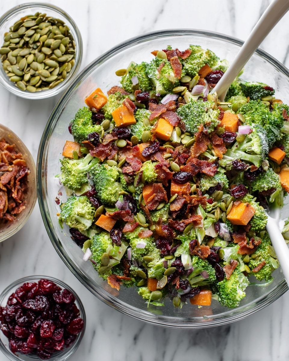 A clear glass bowl on a white marbled surface holds six separated ingredients in small piles arranged side by side. Starting from the top left, there is a pile of chopped pecans in brown tones with rough texture. Next to it on the upper right side is finely chopped broccoli, bright green and fresh. Below the broccoli, there is a small pile of crispy bacon pieces in reddish-brown color with a crunchy texture. To the bottom right is a heap of green pumpkin seeds with a smooth, matte finish. Just to the left of the pumpkin seeds is a pile of dried cranberries, dark red and wrinkled. Finally, to the bottom left, there are small, uniformly diced cubes of cheddar cheese in orange color. The ingredients are neatly arranged and distinctly separated from each other. photo taken with an iphone --ar 4:5 --v 7
