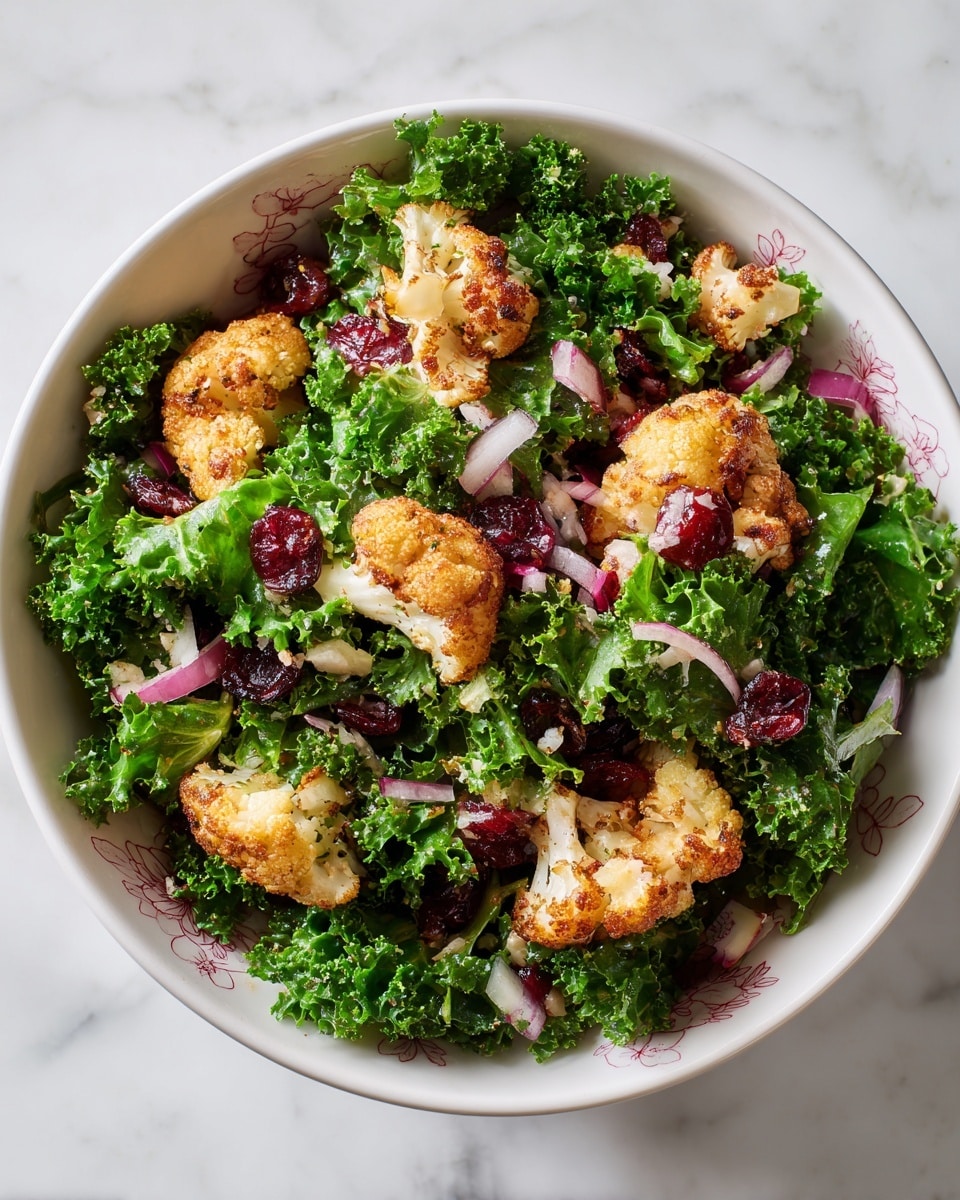 A white bowl with floral patterns is filled with a fresh salad, showing layers of curly green kale leaves as the base, mixed with toasted light golden brown cauliflower pieces scattered on top. Bright red dried cranberries add pops of color throughout the salad, while small pieces of light purple onion are evenly mixed in. The bowl sits on a white marbled surface, enhancing the fresh and healthy look of the dish. photo taken with an iphone --ar 4:5 --v 7