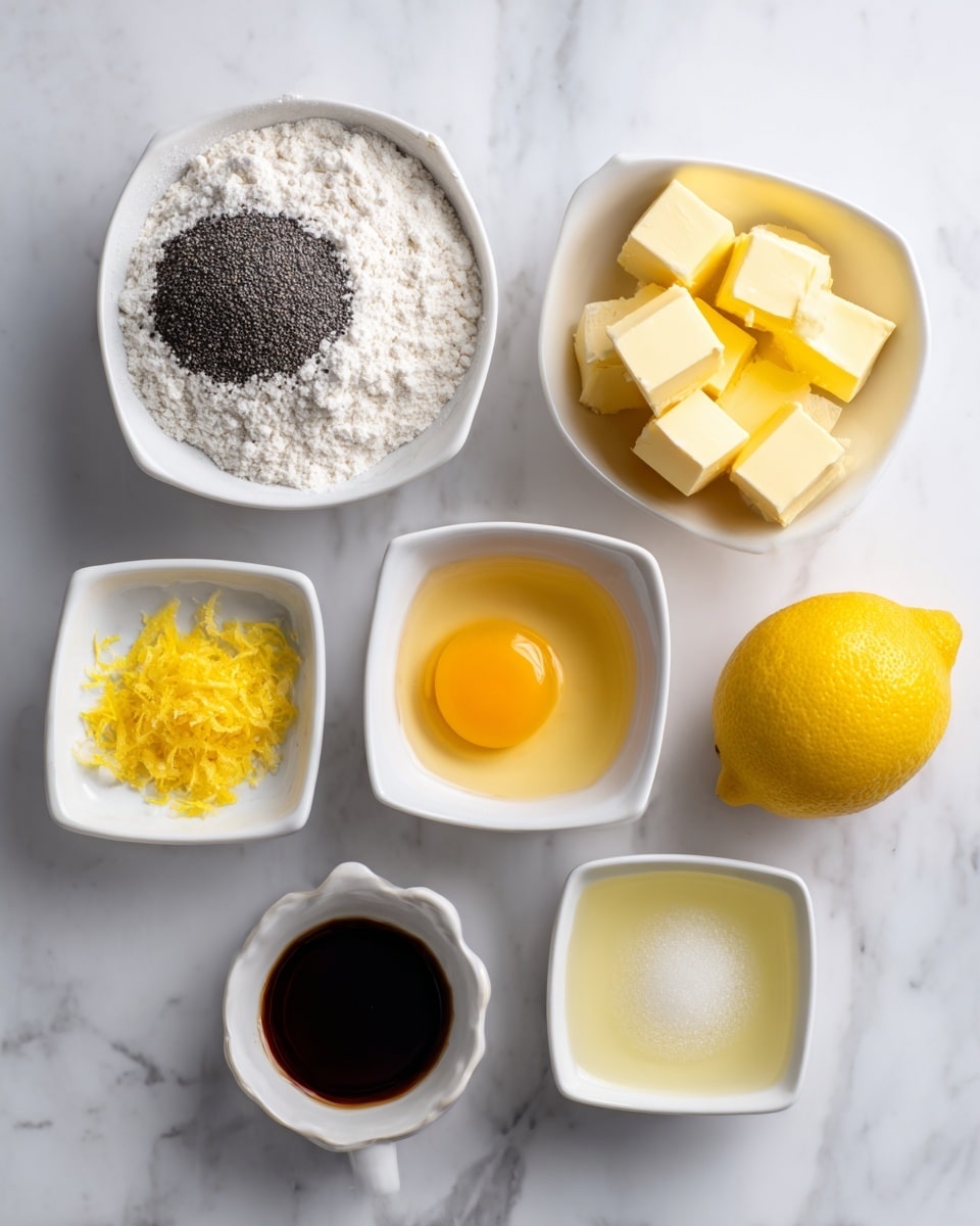 The image shows seven white square bowls with different baking ingredients arranged on a white marbled surface. The largest bowl on the top left is filled with a white flour mixture with black poppy seeds, baking soda, and salt. To its right is a bowl with pale yellow cubes of butter. Below the butter bowl is a bowl filled with fine white sugar. Moving downward, in the middle is a bowl with a raw egg displaying a bright yellow yolk in clear egg white. To the left of the egg is a small bowl with bright yellow lemon zest. Below the lemon zest is a bowl with dark brown pure vanilla extract, and next to it on the right is a bowl with clear pale yellow pure lemon extract. A halved lemon is placed on the right side of the frame. The photo is taken with an iphone --ar 4:5 --v 7