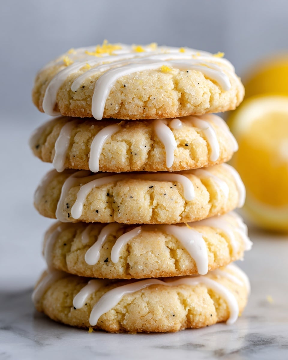 A stack of five round cookies with about one centimeter thickness each, arranged vertically. Each cookie is light yellow with tiny black specks throughout, showing a slightly cracked texture on the surface. White icing is drizzled over the top of each cookie, forming thin lines and drops that drip slightly over the edges. The cookies sit on a white marbled surface, and in the background on the right side, there is a blurred half of a yellow lemon visible. photo taken with an iphone --ar 4:5 --v 7