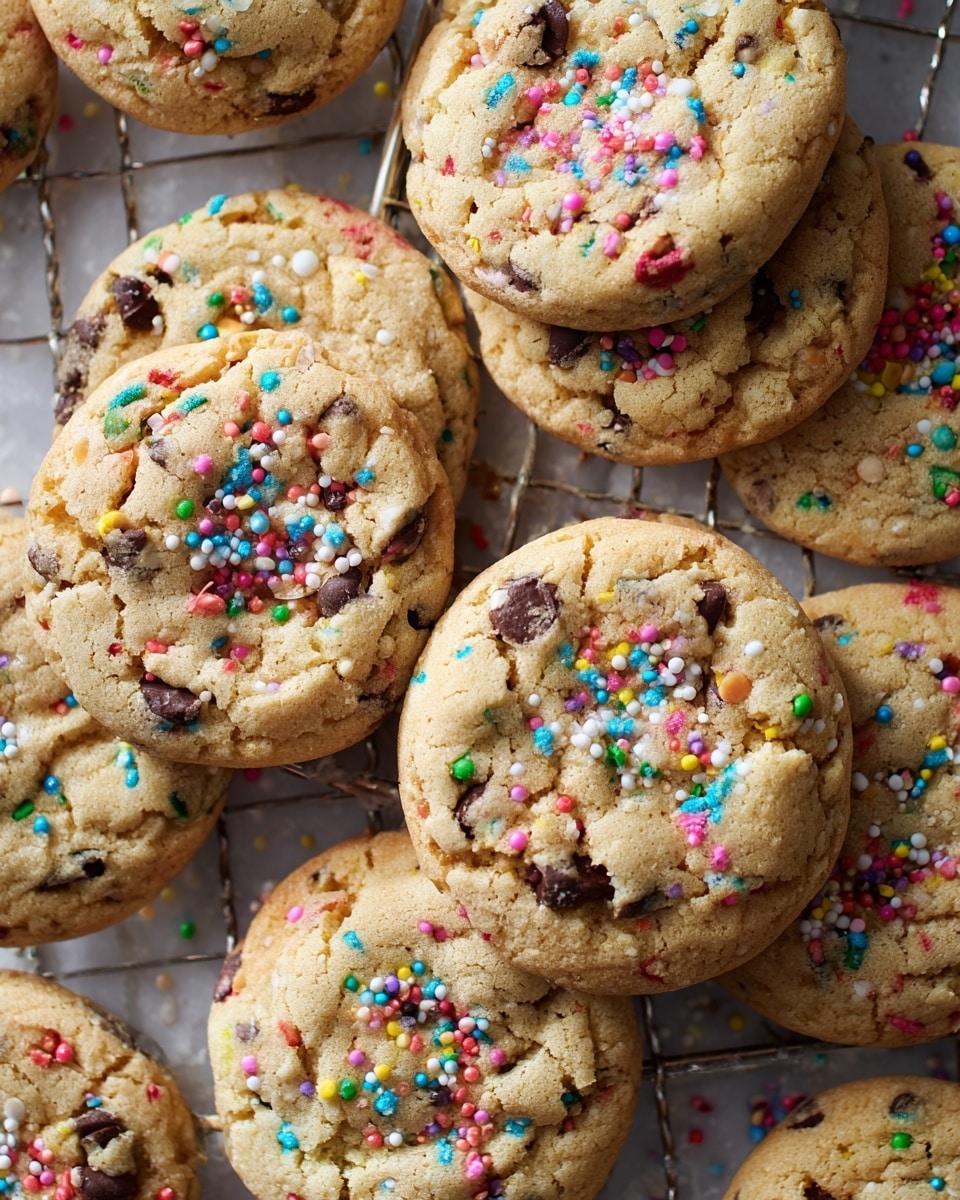 Several light golden brown cookies with a bumpy texture are arranged closely on a silver cooling rack. The cookies have colorful tiny sprinkles embedded throughout, with some cookies also containing small dark chocolate chips. The background shows a white marbled surface beneath the rack. The image is well-lit, showing the soft cracks and crumbly edges of each cookie. photo taken with an iphone --ar 4:5 --v 7
