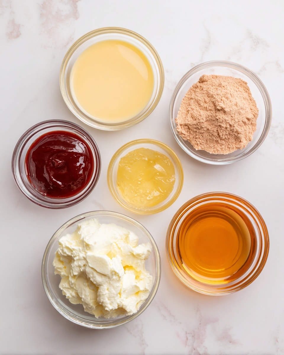 The image shows six small clear glass bowls placed on a white marbled surface. The top left bowl holds a pale yellow liquid, smooth in texture. Next to it on the top right is a bowl filled with a light brown powdery substance. Below these, a bowl on the left contains a thick, deep red sauce, while the neighboring bowl on the right has a translucent light yellow gel-like substance. On the bottom left is a bowl filled with fluffy white cream, and the bottom right bowl has a golden brown liquid. The bowls are spaced evenly and the overall scene is brightly lit, clear, and simple. photo taken with an iphone --ar 4:5 --v 7