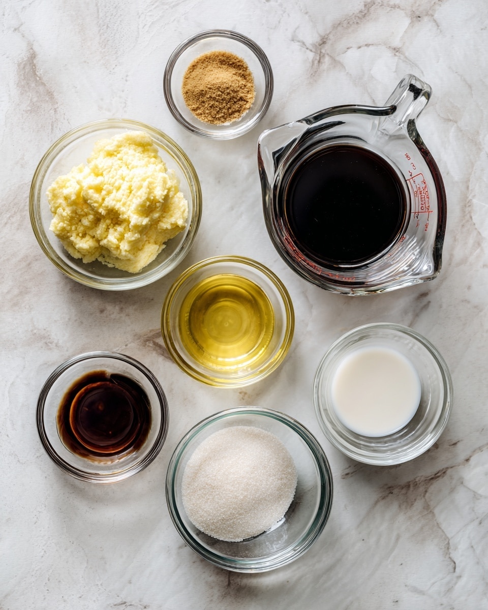 A top view of six small clear glass bowls arranged on a surface with white marbled texture; at the center top is a clear glass liquid measuring cup filled with dark soy sauce, bottom right is a clear glass measuring cup with white coconut milk; the remaining four bowls contain smaller amounts of ingredients including light yellow miso paste, granulated garlic powder, dark brown liquid vinegar, and coarse sea salt. photo taken with an iphone --ar 4:5 --v 7