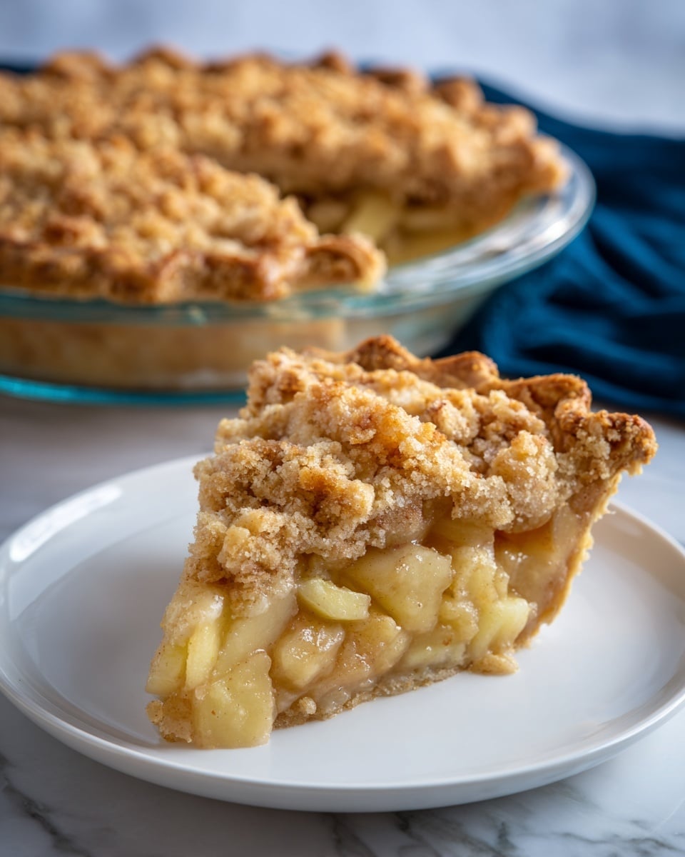 A golden-brown pie slice is being lifted with a silver pie server from a clear round dish. The pie has two visible layers: a crumbly, lightly browned top crust with a rough texture, and a thick, soft yellowish filling beneath with small pieces visible inside. The crust edge is crimped and golden, holding the filling inside. The clear dish sits on a white marbled surface with a navy-blue cloth and a dark green object blurred in the background. photo taken with an iphone --ar 4:5 --v 7