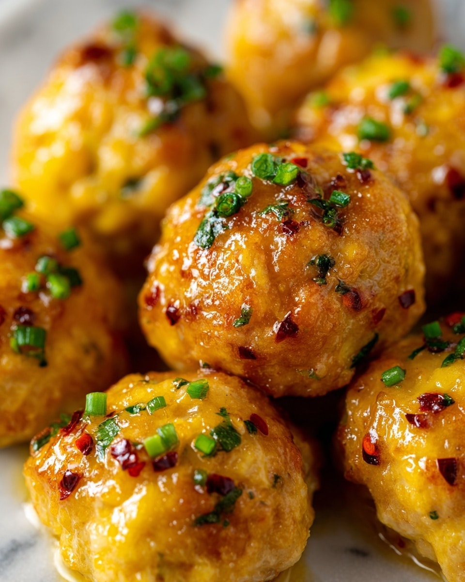 A close-up view of a group of golden-yellow meatballs with a glossy, slightly sticky texture, topped with small green chive pieces and red chili flakes, arranged tightly together on a white marbled surface. The meatballs have a bumpy texture with a few darker brown spots from cooking, showing a moist and tender look. Tiny bits of herbs and seasoning are visible on the surface, giving a fresh and spicy appearance. The focus is on the front meatball, with the others softly blurred in the background. Photo taken with an iphone --ar 4:5 --v 7