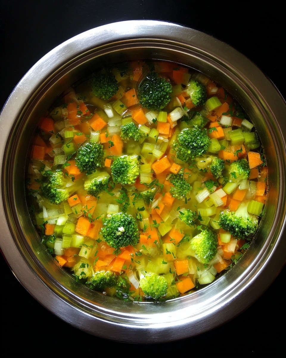 A shiny silver pot filled with clear broth with small green broccoli florets floating on top. Under the broccoli, there are small cubes of orange carrot and light green celery pieces spreading evenly in the broth. The pot is placed on a black cooking surface, and the image shows a top-down view of the ingredients in the pot. photo taken with an iphone --ar 4:5 --v 7