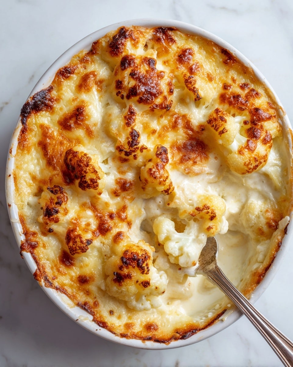 A white baking dish contains a golden brown cheesy top layer with crispy browned spots, showing a creamy texture beneath. A silver fork is placed inside the dish on the right side. Below the baking dish, a white ceramic plate holds a serving of the same cheesy dish with a melted, bubbly top and creamy interior. To the left, there is a glass jar with a wooden spoon resting inside it. All dishes are set on a white marbled surface with a beige cloth partially under the baking dish. photo taken with an iphone --ar 4:5 --v 7