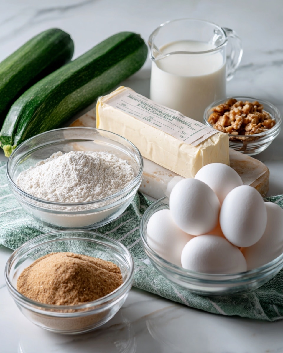 The image shows several clear glass bowls and a white bowl arranged on a white marbled surface with a green and white striped cloth underneath. There are three white eggs grouped together on the right side next to a stick of butter wrapped in white paper with beige text. Behind the butter is a small glass measuring cup with milk, and to the right of it is a small glass bowl filled with crushed nuts. In front is a white bowl holding a reddish-brown spice, and behind it are two large zucchinis. On the left side of the image, two clear glass bowls hold light brown sugar in the front and white flour behind it. The scene is brightly lit with soft daylight. Photo taken with an iphone --ar 4:5 --v 7