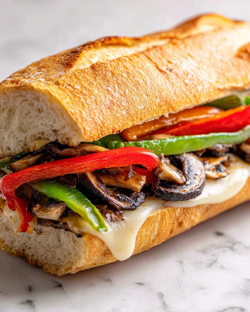The image shows a close-up side view of a sandwich on a white marbled surface, with a golden brown toasted hoagie roll sliced horizontally. Inside, the sandwich has several visible layers: at the bottom is a layer of grilled vegetables including dark brown mushrooms, green bell pepper strips, and red bell pepper slices. Above the vegetables, softened white melted cheese drapes over everything, giving a creamy texture. The sandwich is cut to show the soft, airy texture of the bread along with the colorful and slightly shiny vegetables and cheese layers. Photo taken with an iphone --ar 4:5 --v 7