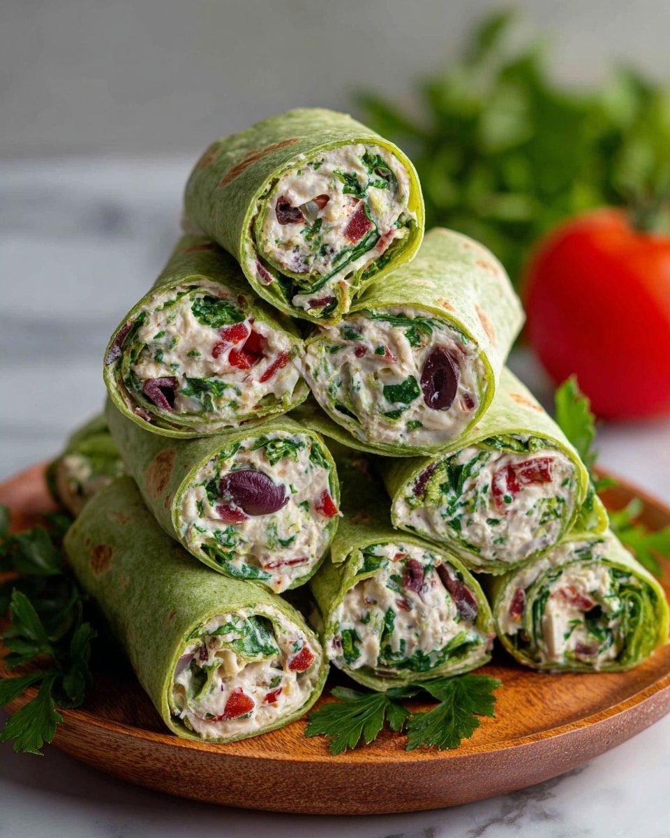 A stack of green spinach tortilla wraps cut into thick rolls sit on a round wooden plate. Each roll has a creamy white filling mixed with small pieces of red tomatoes, purple olives, and green herbs, all finely chopped and evenly spread inside the soft green tortilla layers. The rolls are arranged in a pyramid shape with fresh green parsley leaves placed around them for decoration. In the background, blurred green herbs and a whole red tomato are visible on a white marbled surface. The image captures the fresh, colorful, and healthy look of the wraps, photo taken with an iphone --ar 4:5 --v 7