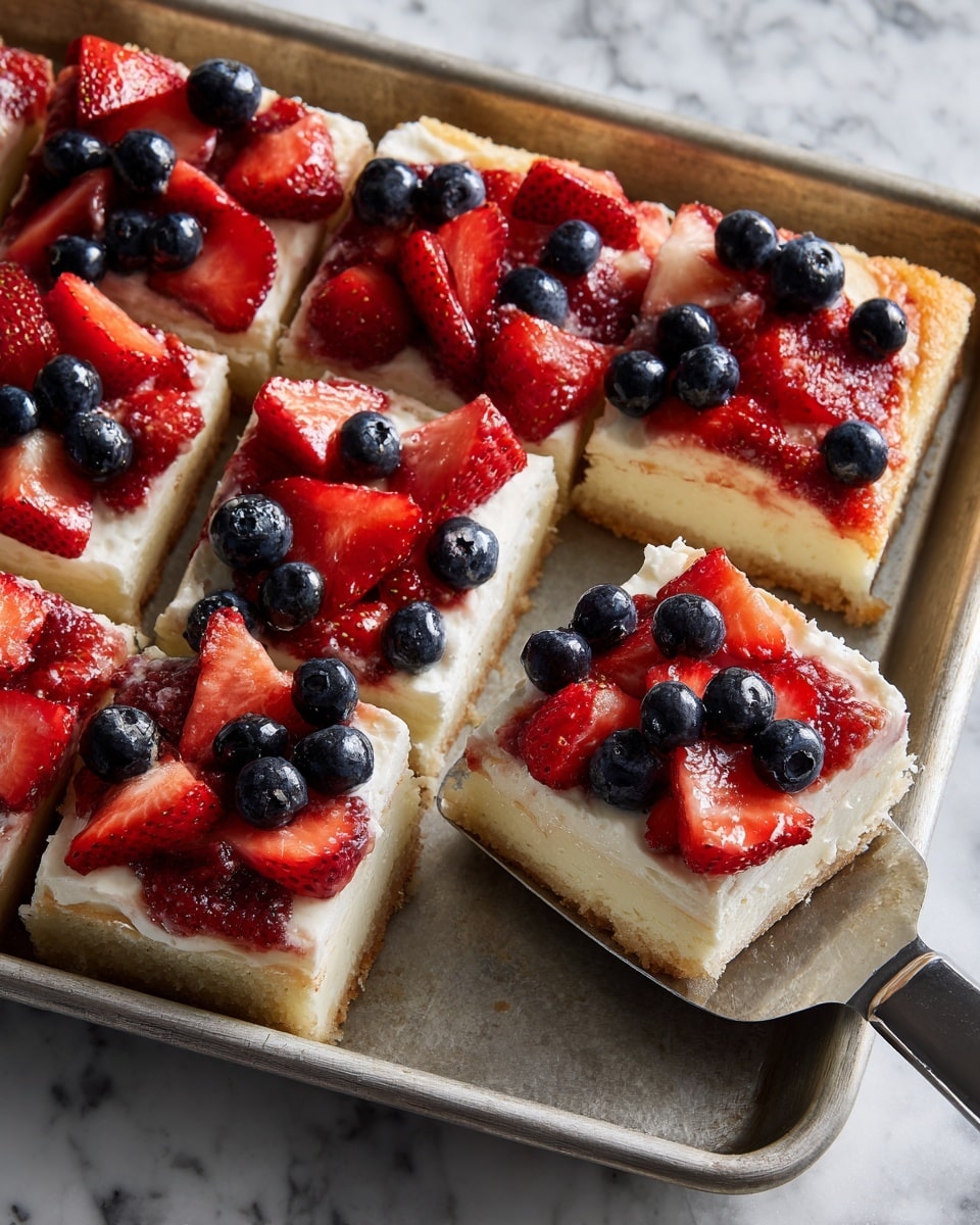 A slice of fruit tart is being lifted by a woman's hand with a wooden-handled spatula. The tart has three visible layers: a thick light brown crust at the bottom with a textured, crumbly look; a smooth, creamy white layer of filling in the middle; and a top layer of fresh fruit including bright red sliced strawberries and small round deep blue blueberries. The tart is set against a blurred background of more fruit tart pieces on a white marbled surface. The image is bright and colorful, showing the freshness and detail of the fruit and creamy filling. photo taken with an iphone --ar 4:5 --v 7