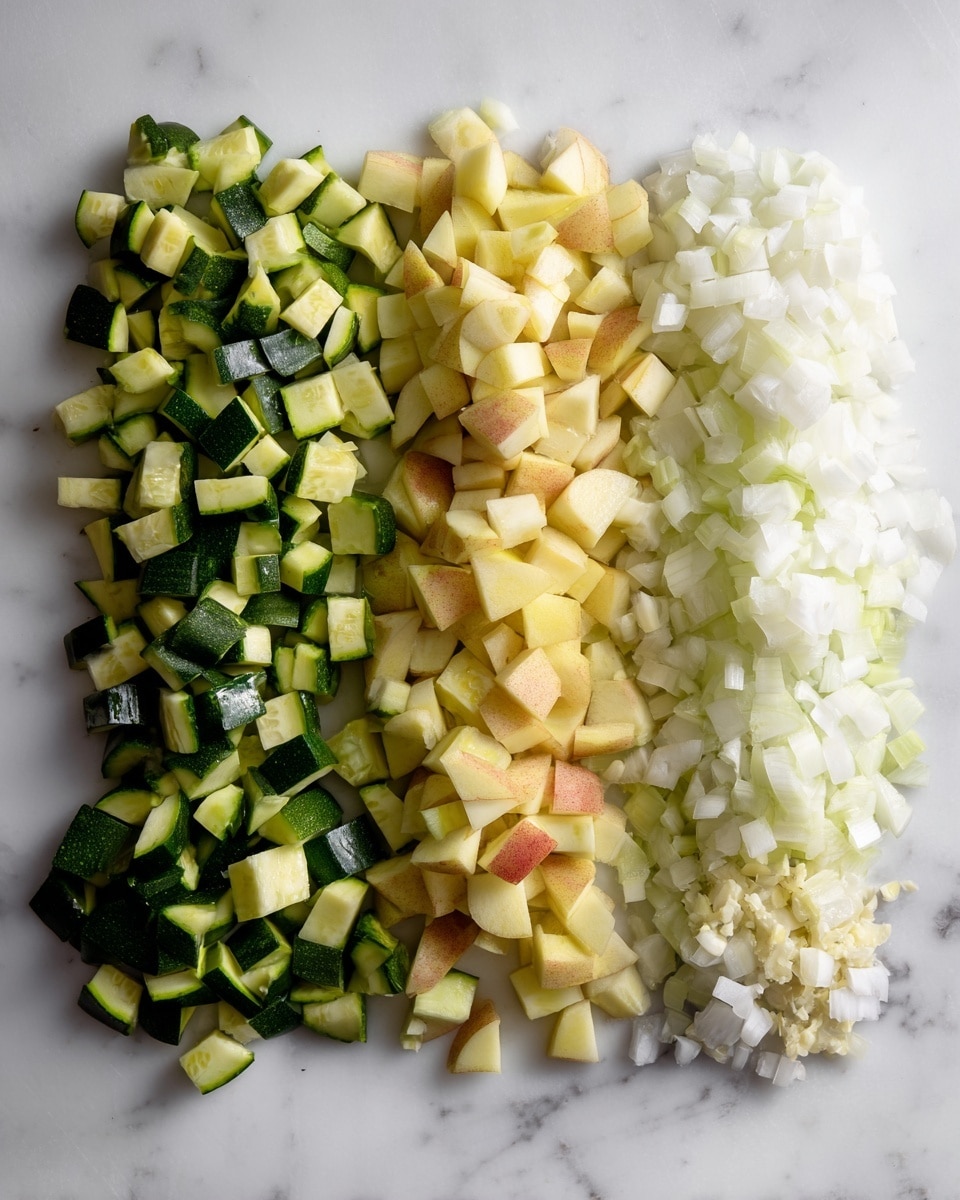 The image shows four groups of diced vegetables arranged in neat rows on a white marbled surface. From left to right, there is a layer of dark green and light green chopped zucchini with a firm texture, followed by a layer of pale peach-colored diced apples. Next is a smaller layer of finely white chopped onions, and finally, at the far right, a small group of light tan minced garlic pieces. The colors change smoothly from green to beige to white and light brown, each layer distinct and evenly cut. Photo taken with an iphone --ar 4:5 --v 7